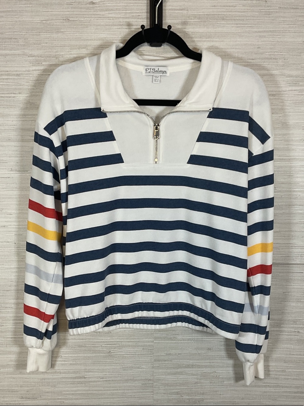 P.J. Salvage Maritime Lounge Stripe Quarter Zip Sweatshirt Sm Cinch Bottom